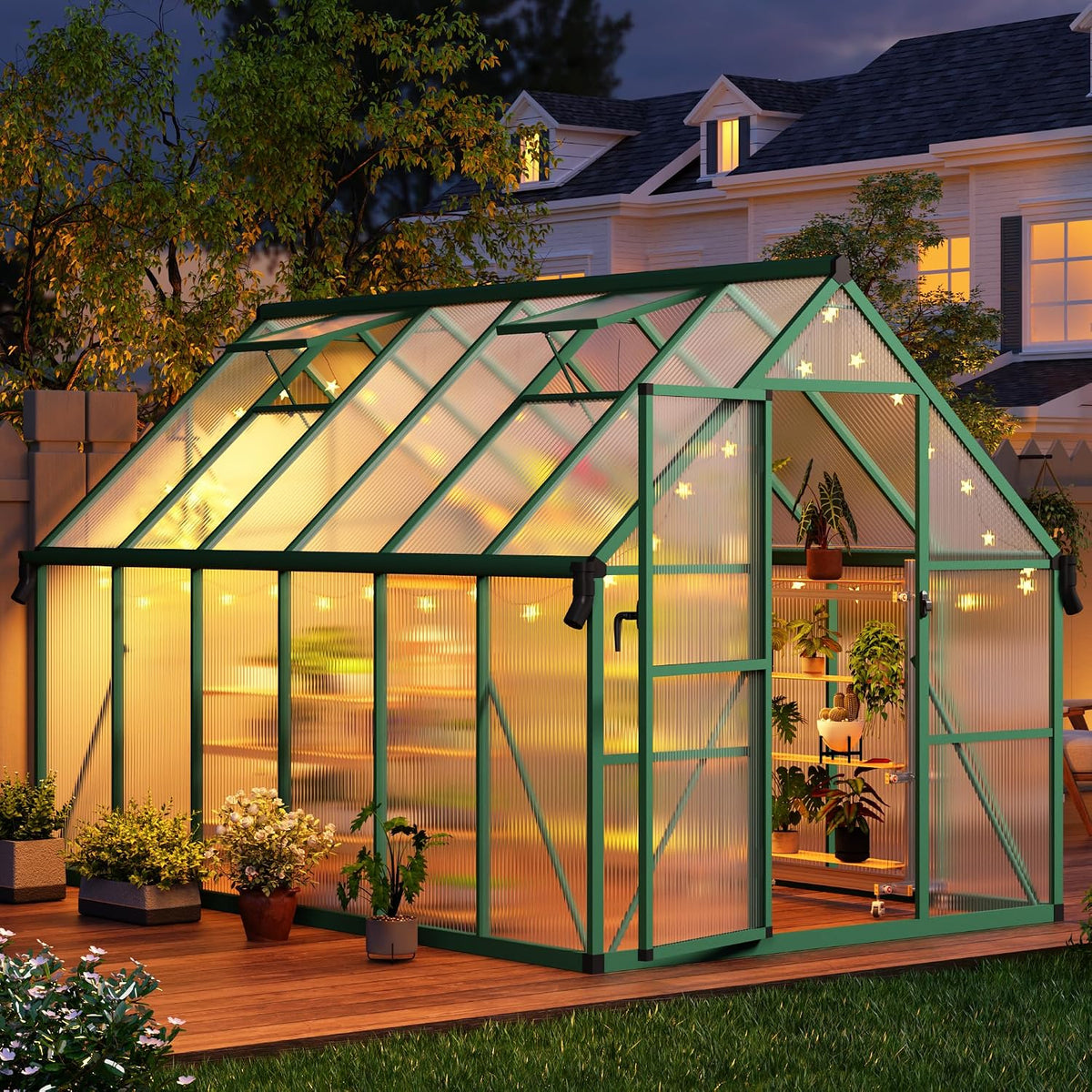 CABIHOME Gewächshaus, 3,6 m, Grün, aus Polycarbonat mit Dachlüftung und Bodennägeln, Aluminium, Garten, Hinterhof