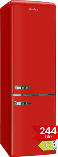 Amica Kühl-Gefrierkombination, 181 x 55 x 62 cm, 244 l, Rot, Retro Kühlschrank freistehend mit Gefrierfach LED