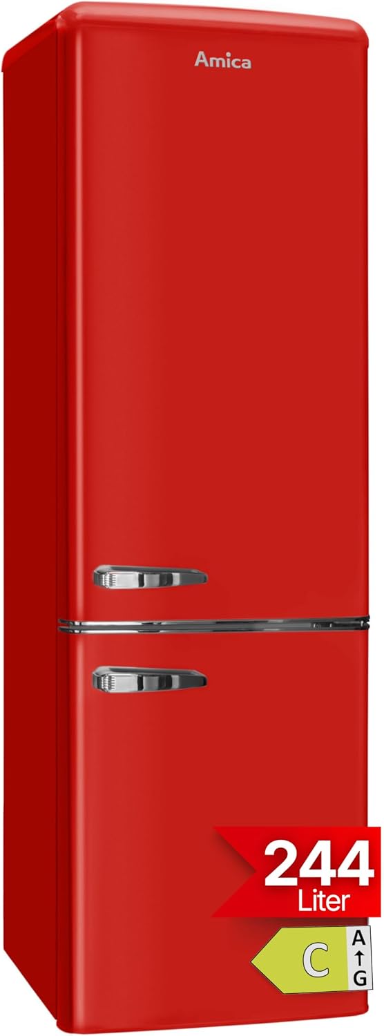 Amica Kühl-Gefrierkombination, 181 x 55 x 62 cm, 244 l, Rot, Retro Kühlschrank freistehend mit Gefrierfach LED