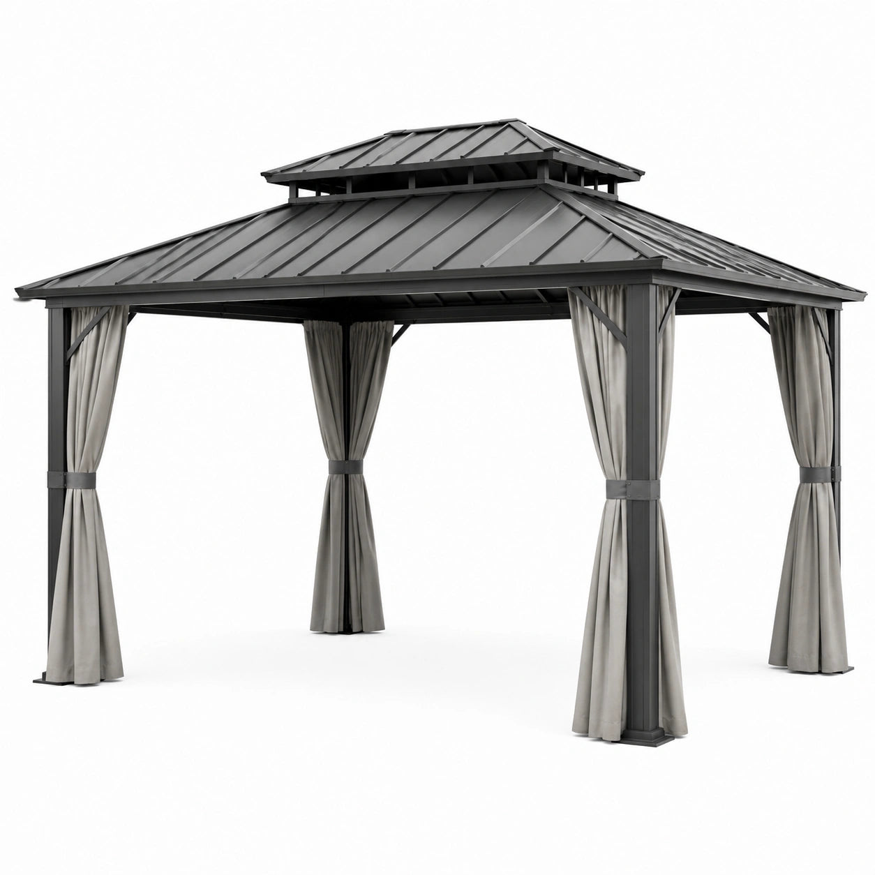 Stahlpavillon mit Doppeldach und Polyester-Vorhängen 3x3m Grau