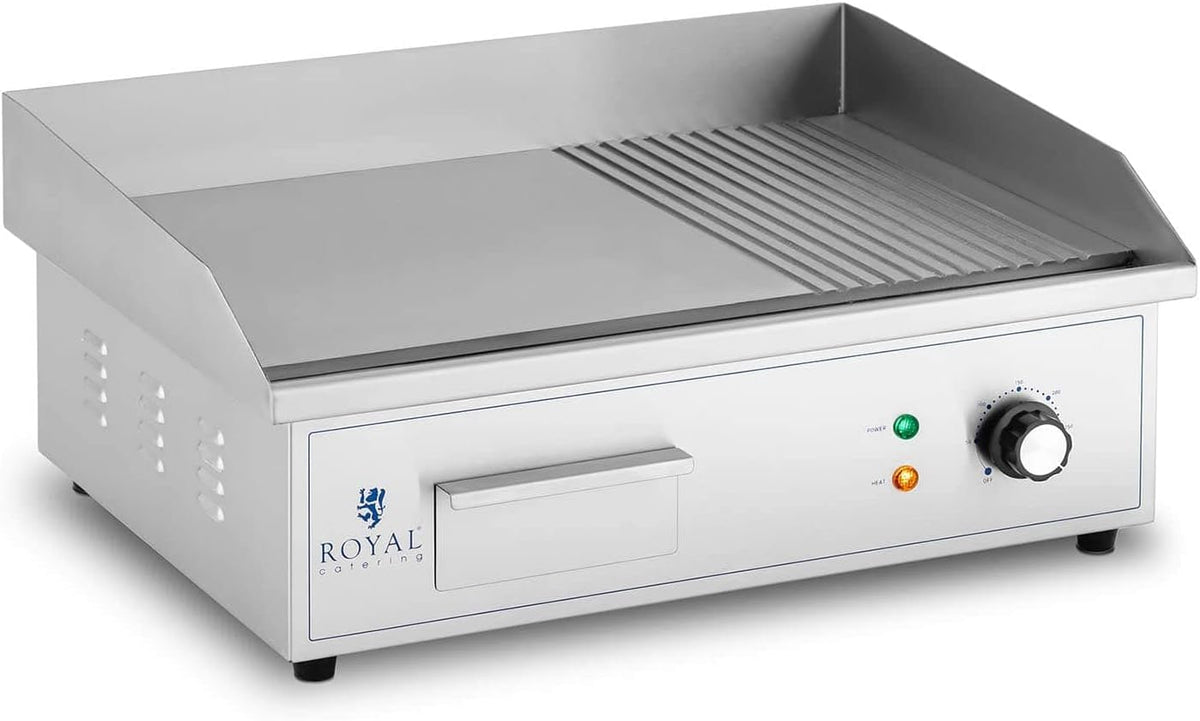 Royal Catering Elektrogrill, 3.000 W, 350 mm, Schwarz, RCPG42-M Elektro Grillplatte 548 x gerippt und glatt