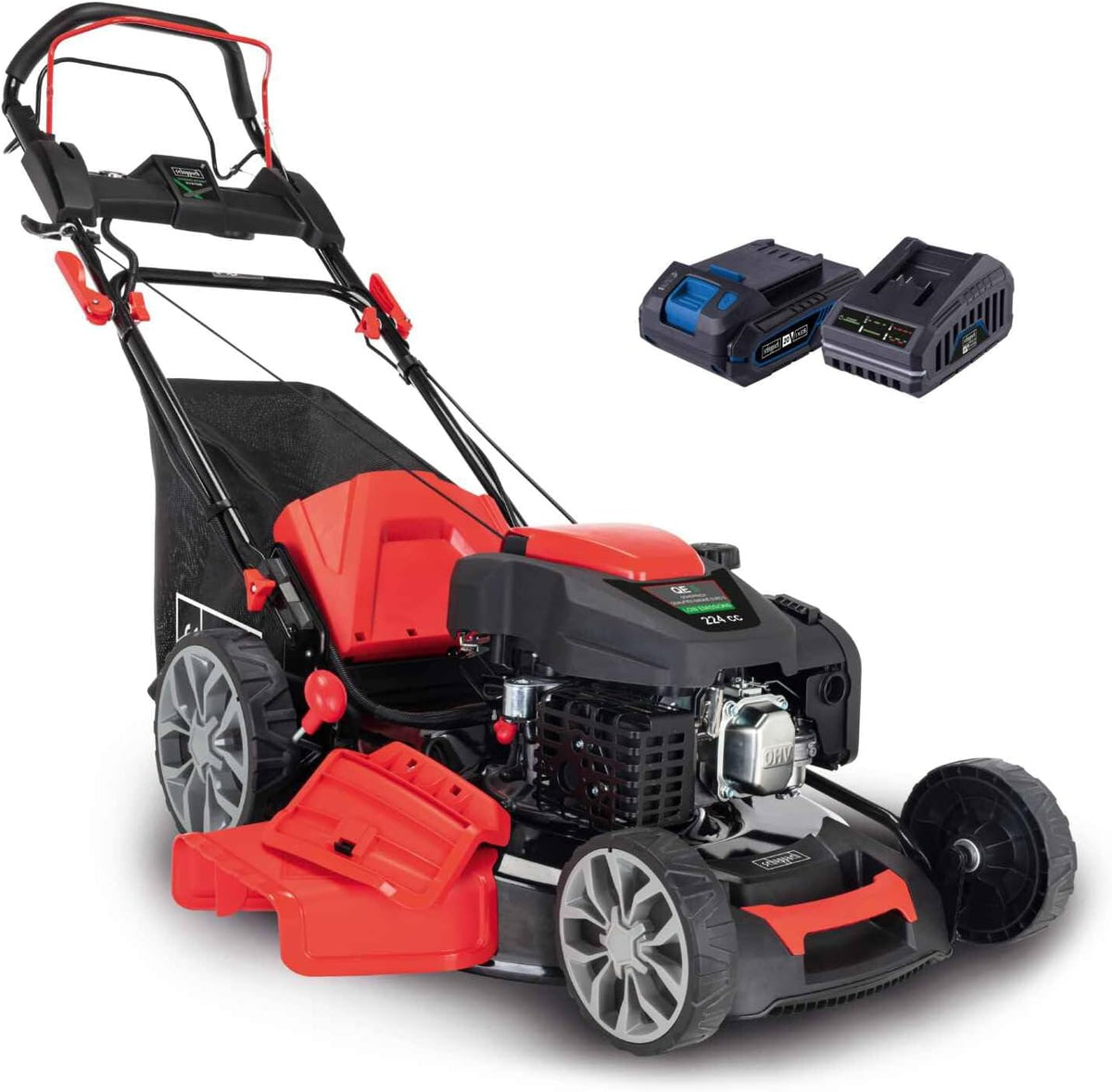Scheppach Rasenmäher, 65 Liter, 56 cm, Rot/Schwarz, Benzin MS225-56E mit E-Start, Radantrieb, Schnittbreite, 7-fache Schnitthöhenverstellung