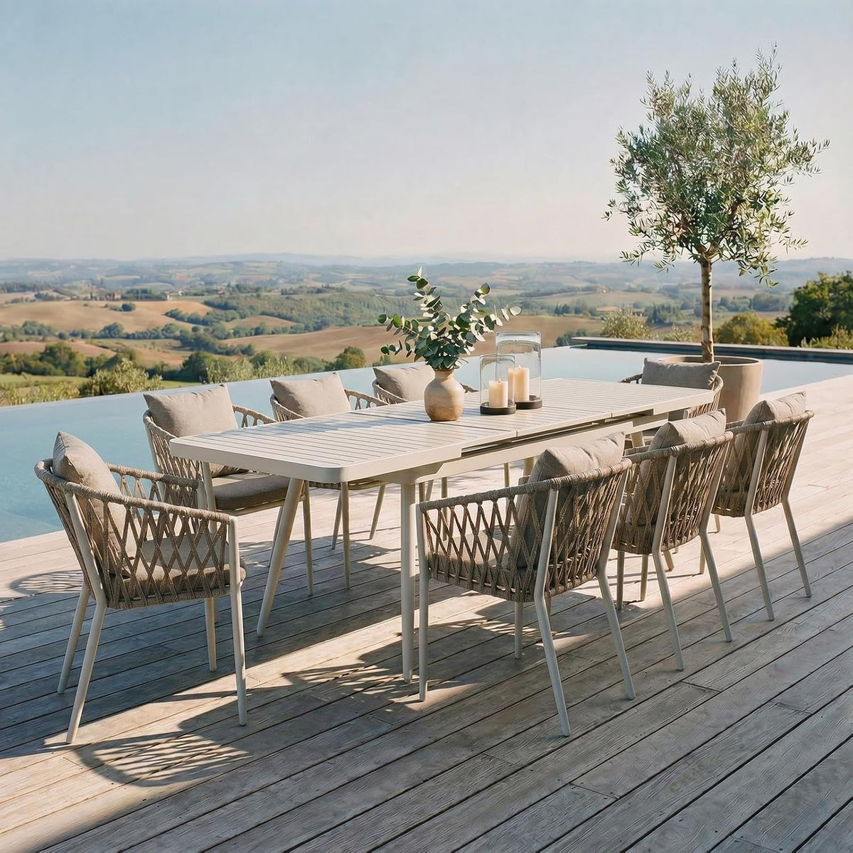 IDIMEX Essgruppe, beige, Gartenmöbel Set Sunny mit ausziehbarem Esstisch und 8, Esstisch Gestell aus Alu in weiß