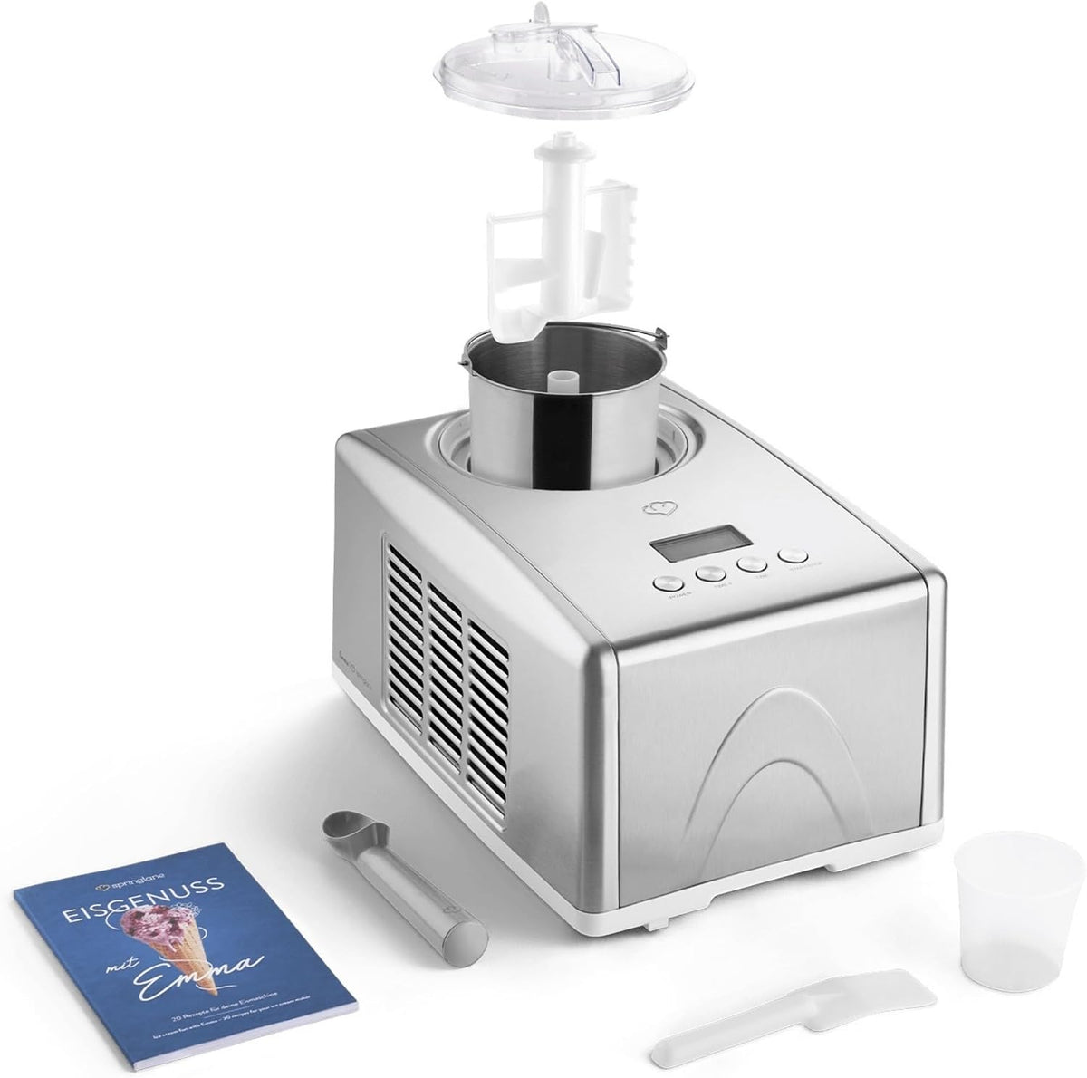 SPRINGLANE Eismaschine, 1,5 L, 150 W, Silber, Emma mit selbstkühlendem Kompressor, aus Edelstahl mit entnehmbarem Eisbehälter
