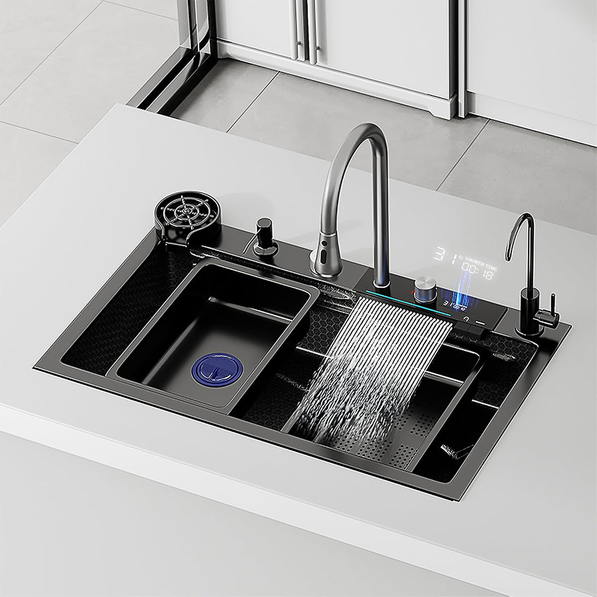 NuoJing 1Becken, 45 cm, Schwarz, 80 *, Wasserfall-Küchenspüle, e Küchenspüle, LED-Temperaturanzeige, 304 tiefer Edelstahl