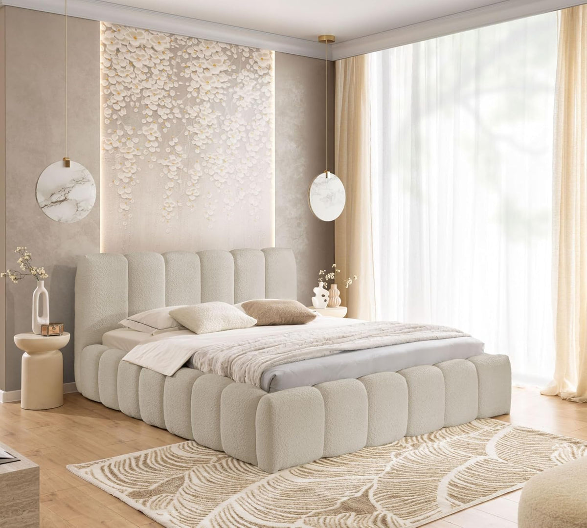 FURNISTAR Boxspringbett, Beige, Polsterbett MIA mit Bettkasten, Bett 180x200, Bubble Bett, Doppelbett mit Stauraum und Lattenrost