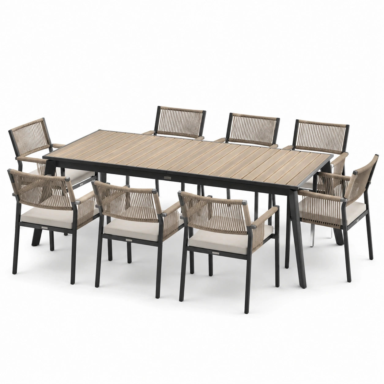 Garten-Essgruppe Aluminium Tisch Holzoptik 8x Stühle Beige/Schwarz 200x100 cm