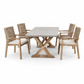 Garten-Essgruppe mit Tisch aus Betonoptik und Teakholz, 200x100 cm, 4 Stühle mit Polyrattan und Kissen in Beige