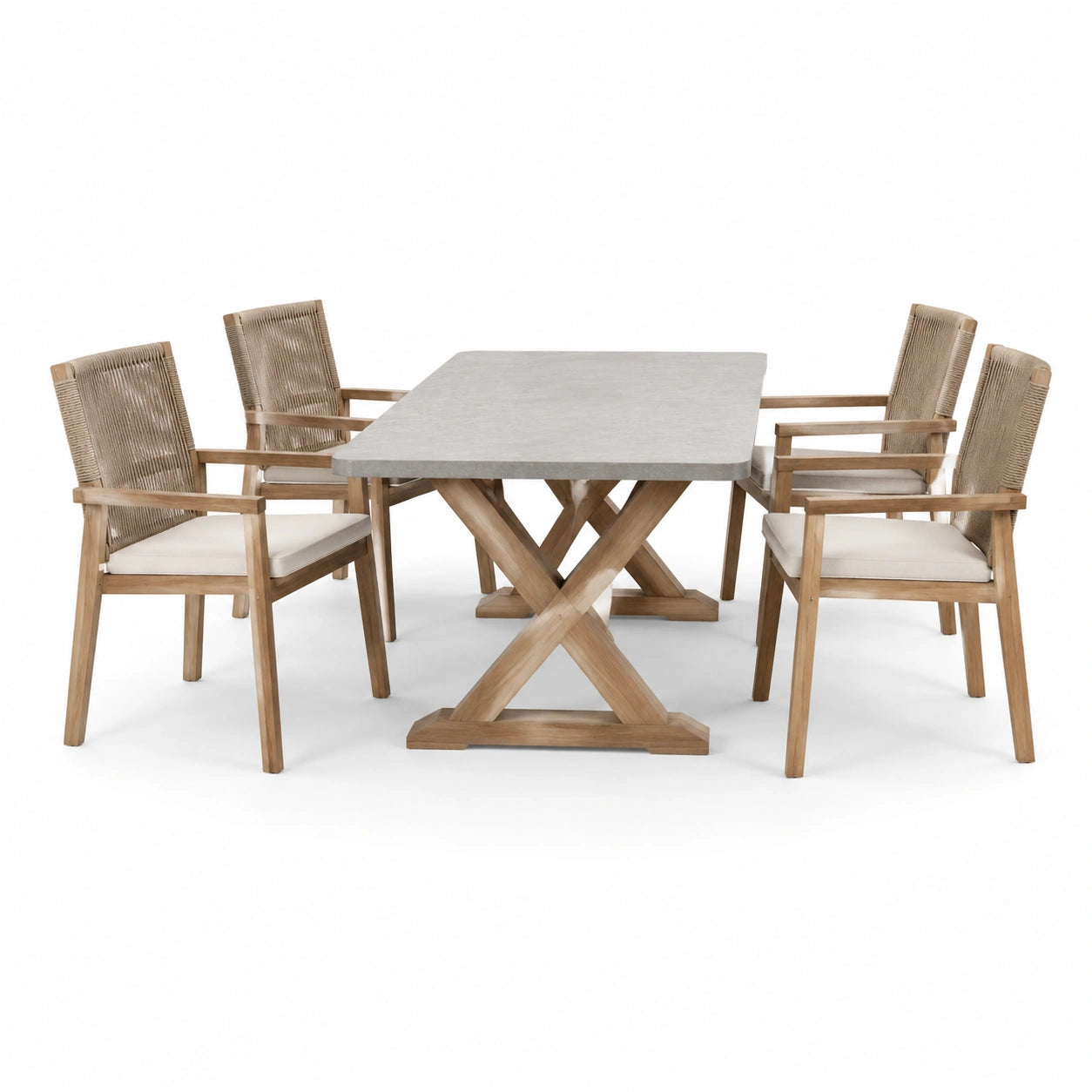 Garten-Essgruppe mit Tisch aus Betonoptik und Teakholz, 200x100 cm, 4 Stühle mit Polyrattan und Kissen in Beige
