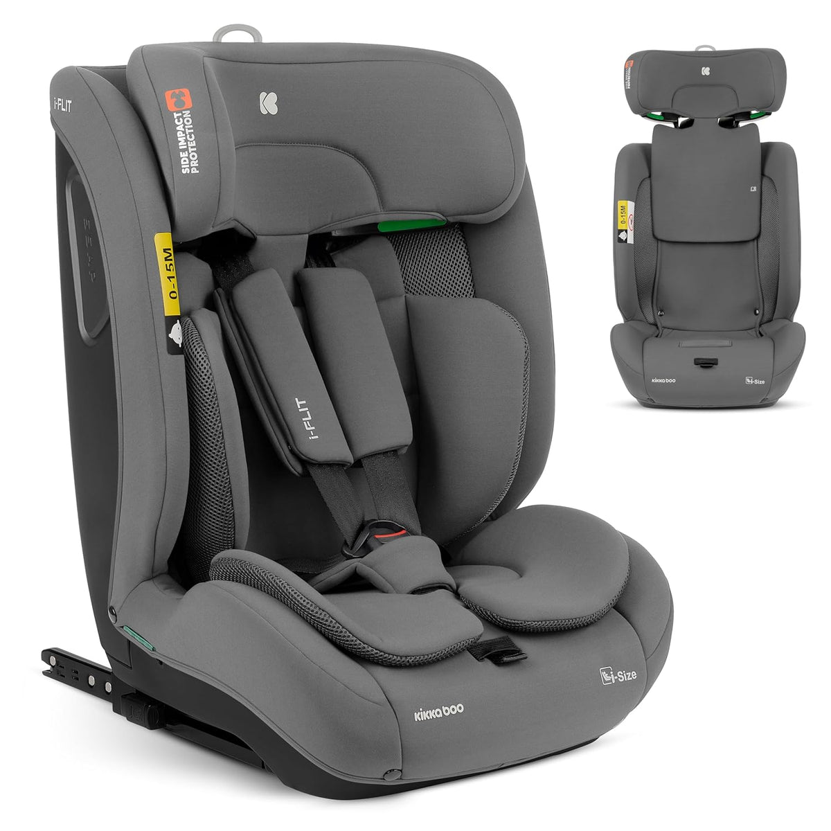 Kikka Boo Kindersitz, 150 cm, 36 kg, Hellgrau, i-Size i-FLIT, 9- ISOFIX, Auto 76-, Gruppe 1/2/3, 15 Monate bis 12 Jahre