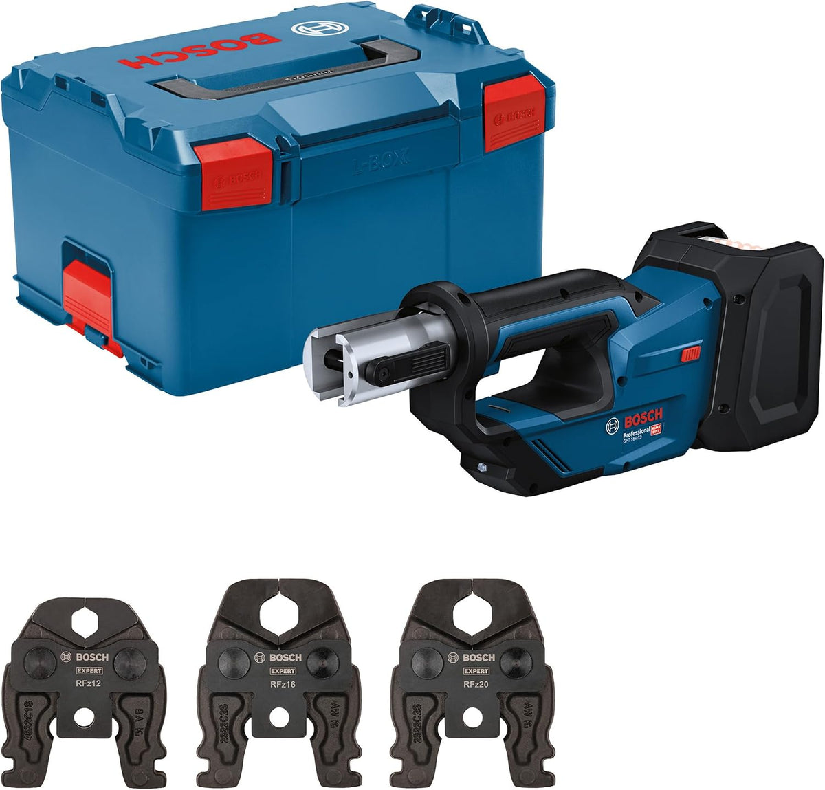 Bosch Professional Einpresswerkzeuge, 18 V, Schwarz, System Akku Presswerkzeug GPT -19 (19 kN Kraft, um 360° drehbarer Kopf