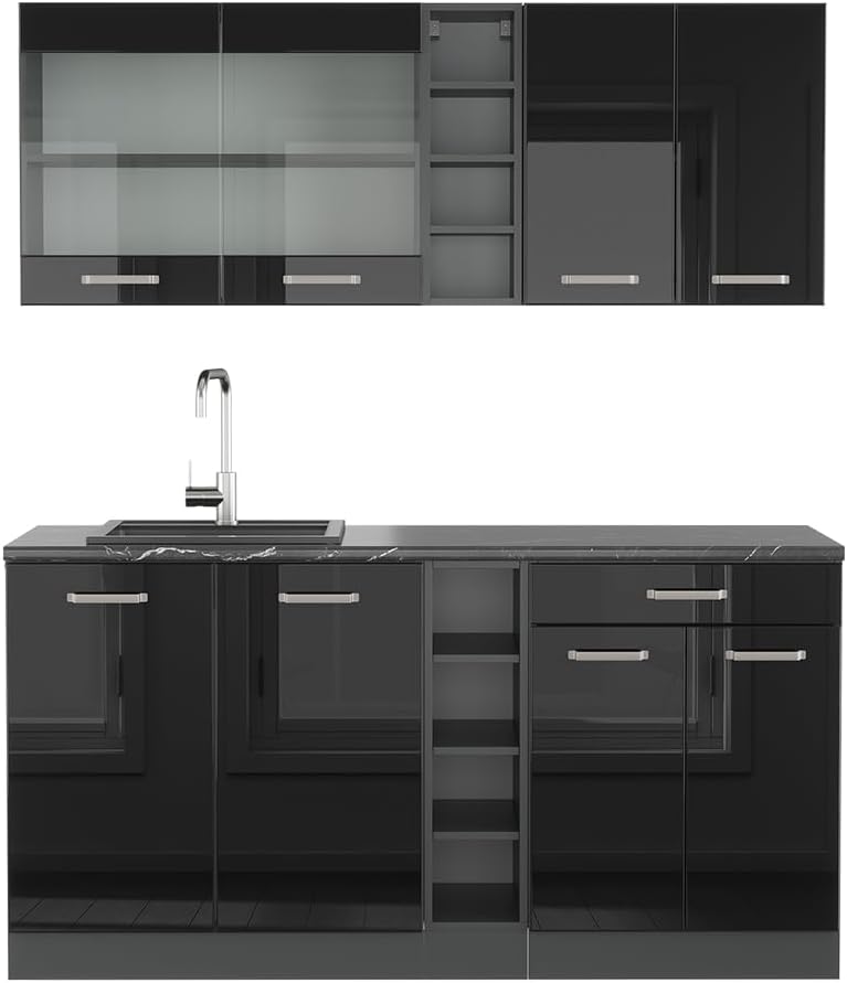 Vicco Küchenzeile, 160 cm, Fronten und Korpus der Küchenzeile bestehen aus 16 mm starker Spanplatte mit Melaminharzbeschichtung., Schwarz/Anthrazit