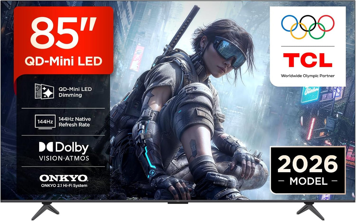 TCL Fernseher, 85 Zoll, Schwarz, Smart TV, 85T8D QD-Mini LED, 4K Smart TV, Google TV, 144 Hz