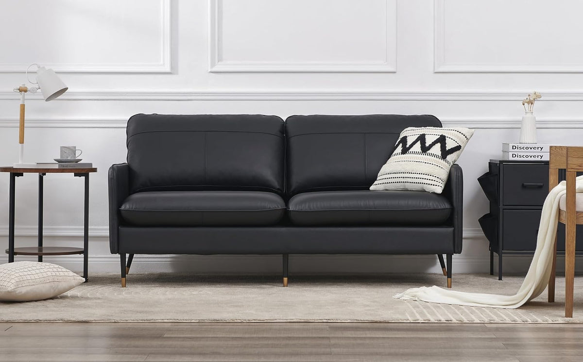 Sofa Z-hom, 85 x 200 x 78 cm, Schwarz, Modell 002 aus genarbtem Leder, gepolstertes 2-Sitzer-/ 3-Sitzer-, Moderne Couch