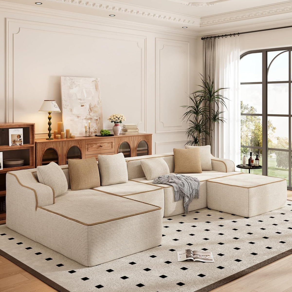 Sofa PHI VILLA, Beige, Eck mit Schlaffunktion Cloud Boneless Couch, Wohnlandschaft U Form Modulares Wohnzimmer Cord Keine