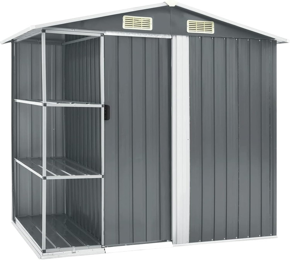 Gerätehaus Gecheer, 205x130x183 cm, Verzinktes Eisen, Kunststoff, Grau, Gartenhaus mit Regal Eisen Wetterfest Gartenh