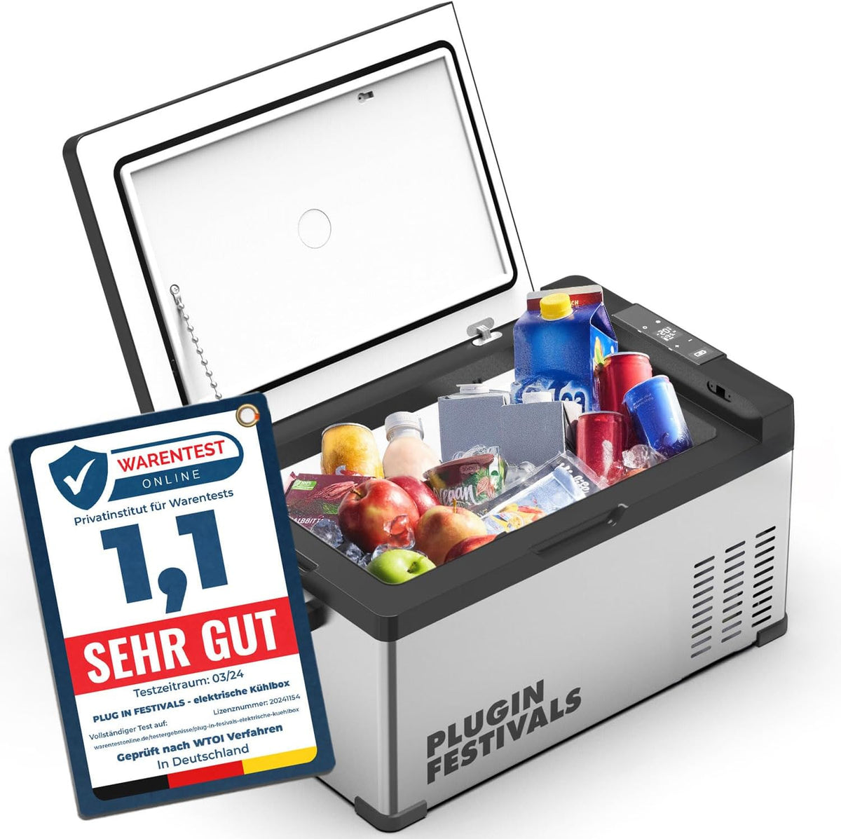 PLUG IN FESTIVALS Kühlschrank, 25 Liter, 230 V, 12 V, Schwarz/Weiß, elektrische Kühlbox - Kompressor Gefrierbox bis -20 Grad