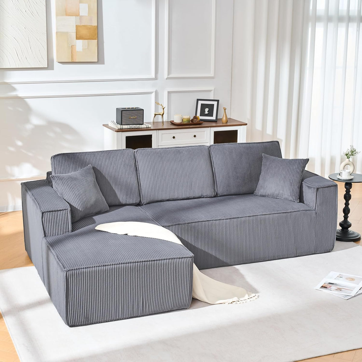 Sapgaks Sofa, Grau, Eck in L-Form, Cord, modernes 3-Sitzer- mit 2 Kissen, keine Montage erforderlich, modulares