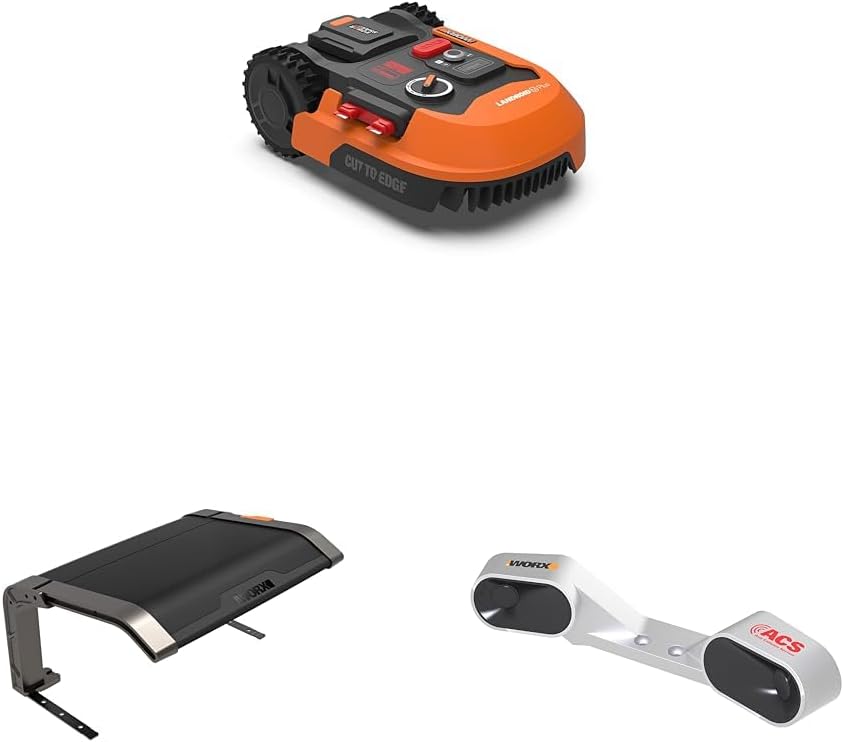WORX Mähroboter, 500 m, Orange/Schwarz/Silber, WR165E Bundle für bis zu ², inkl. ACS Kollisionsschutz WA0860 & Garage WA0810