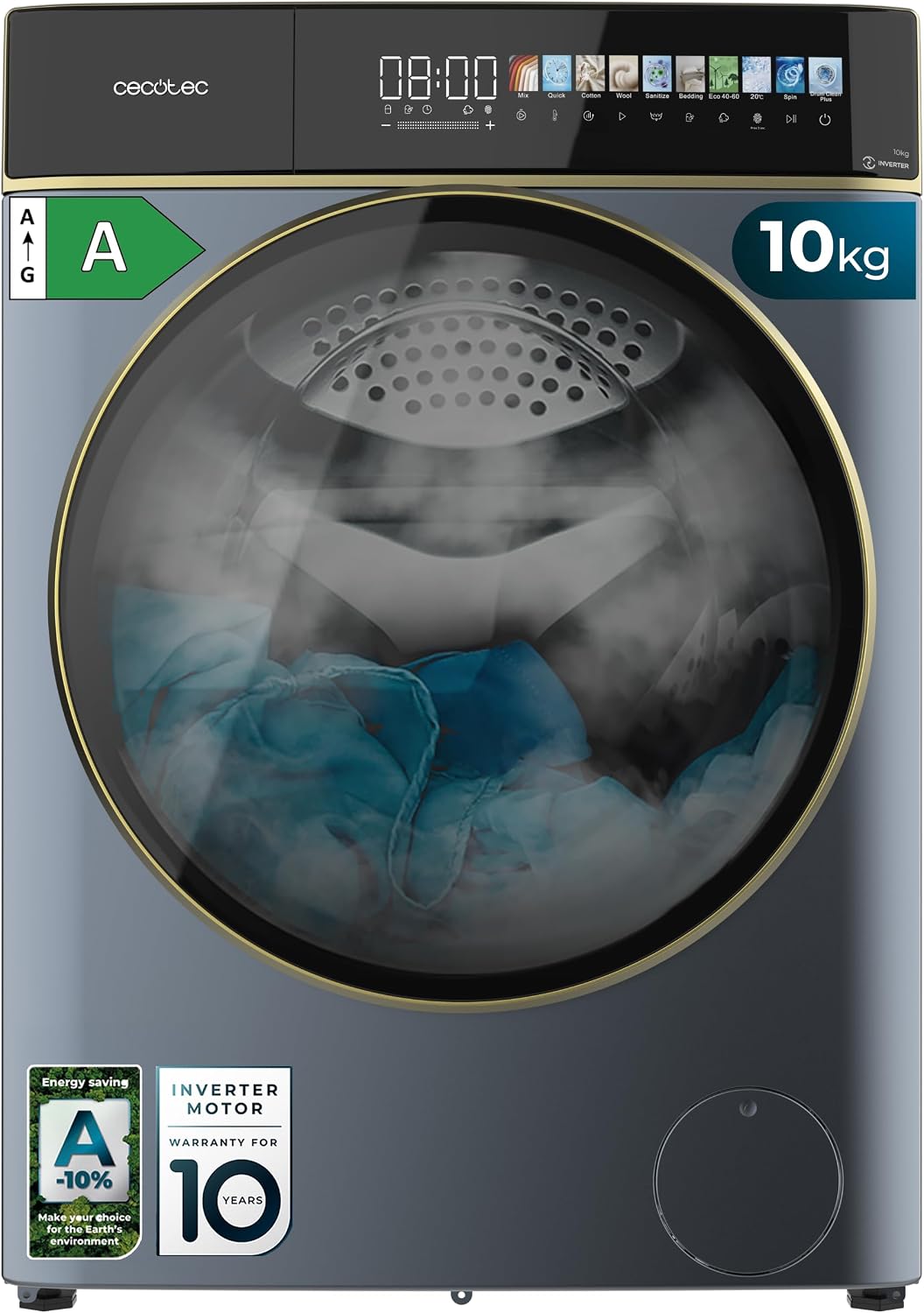 Cecotec Waschmaschine, 10 kg, Blau, Frontlader Bolero DressCode 10900 Inverter FullColor Ice, geringer Energieverbrauch