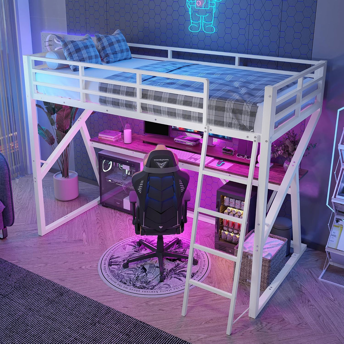 Moimhear Matratze, 90 x 200 cm, Weiß, Hochbett, Eisenrahmen, LED-Leiste, Geländer, Treppe, Schreibtisch, ohne