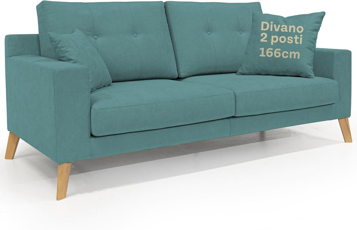 Sofa Divani.Store, 166 cm, Petrol, dänisches mit weichen Rückenlehnen, 2-Sitzer- aus wasserdichtem Stoff für moderne Möbel