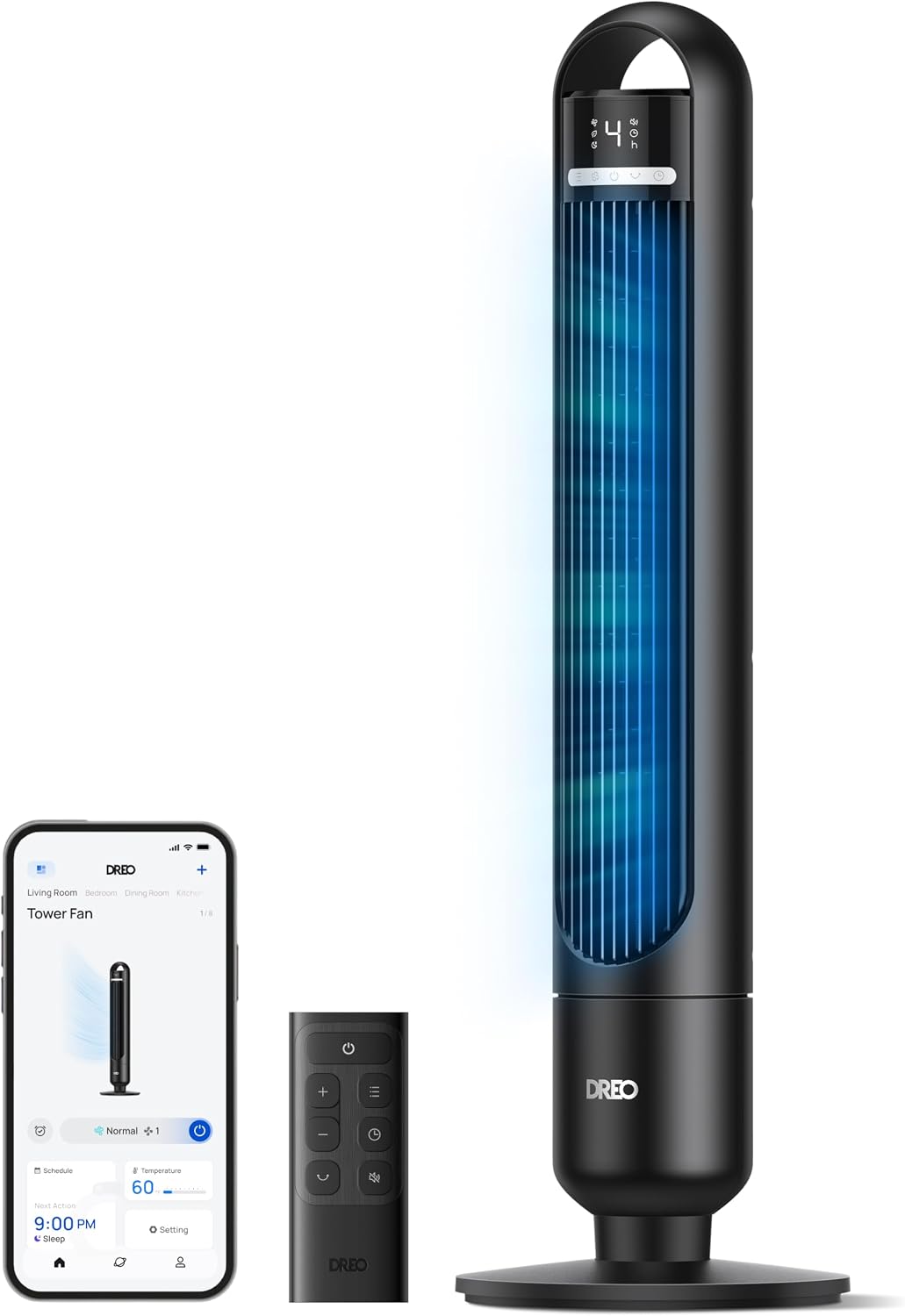 DREO Ventilator, 28 dB, 8,8 m, Schwarz/Blau, Smart Turm fürs Schlafzimmer, leiser Stand mit, Luftreichweite bis