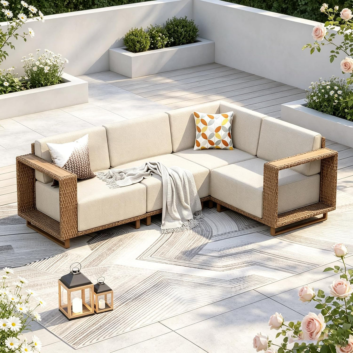 Sofa PHI VILLA, 25 cm, Beige, Rattan Gartenmöbel Set mit Kissen, 4 Personen Outdoor Lounge Möbel Eck