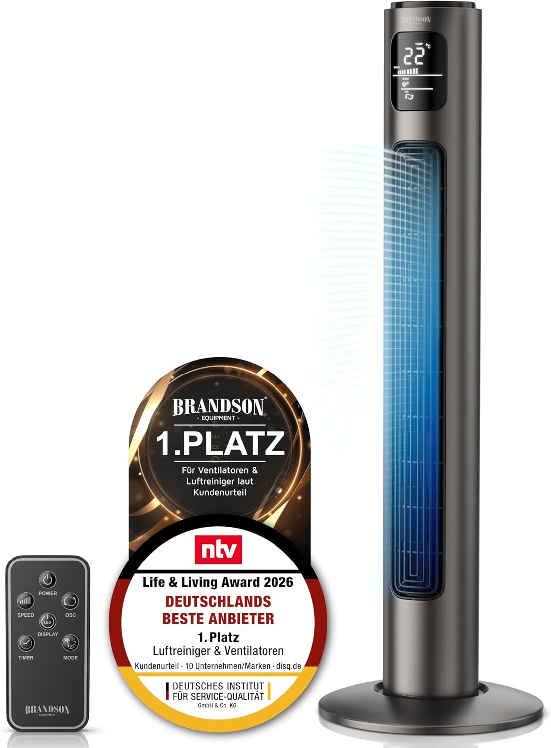 Brandson Ventilator, 96 cm, Graphit, Turm mit Fernbedienung - Preisträger 2026 - Oszilation 60°