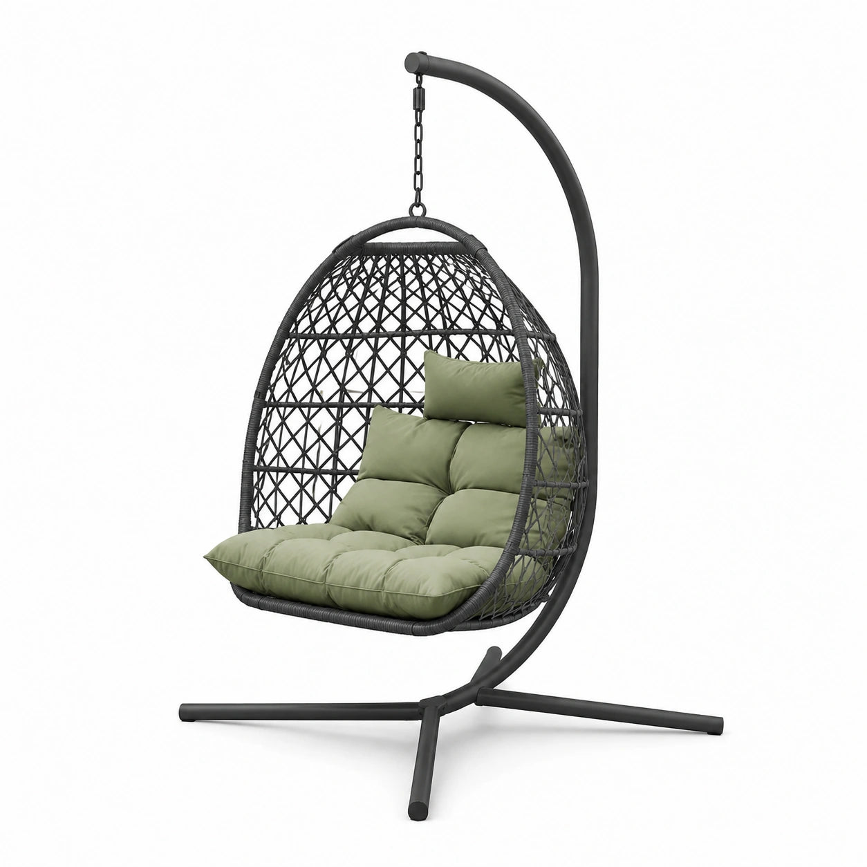Stahl- und Polyrattan-Hängesessel mit grünen Kissen, 190 cm hoch