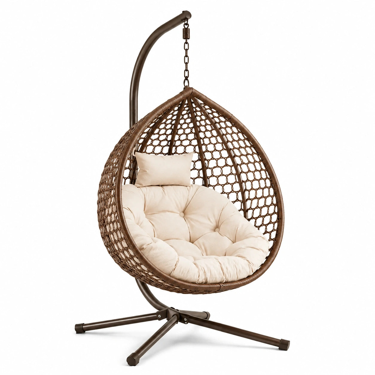 Hängesessel aus Stahl und Rattan in Braun mit beigem Kissen, Höhe 200 cm
