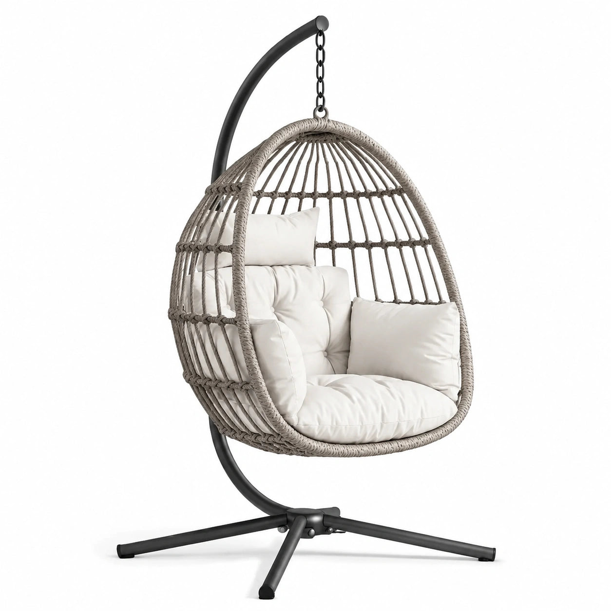 Hängesessel Polyrattan Stahl Hellgrau mit Kissen