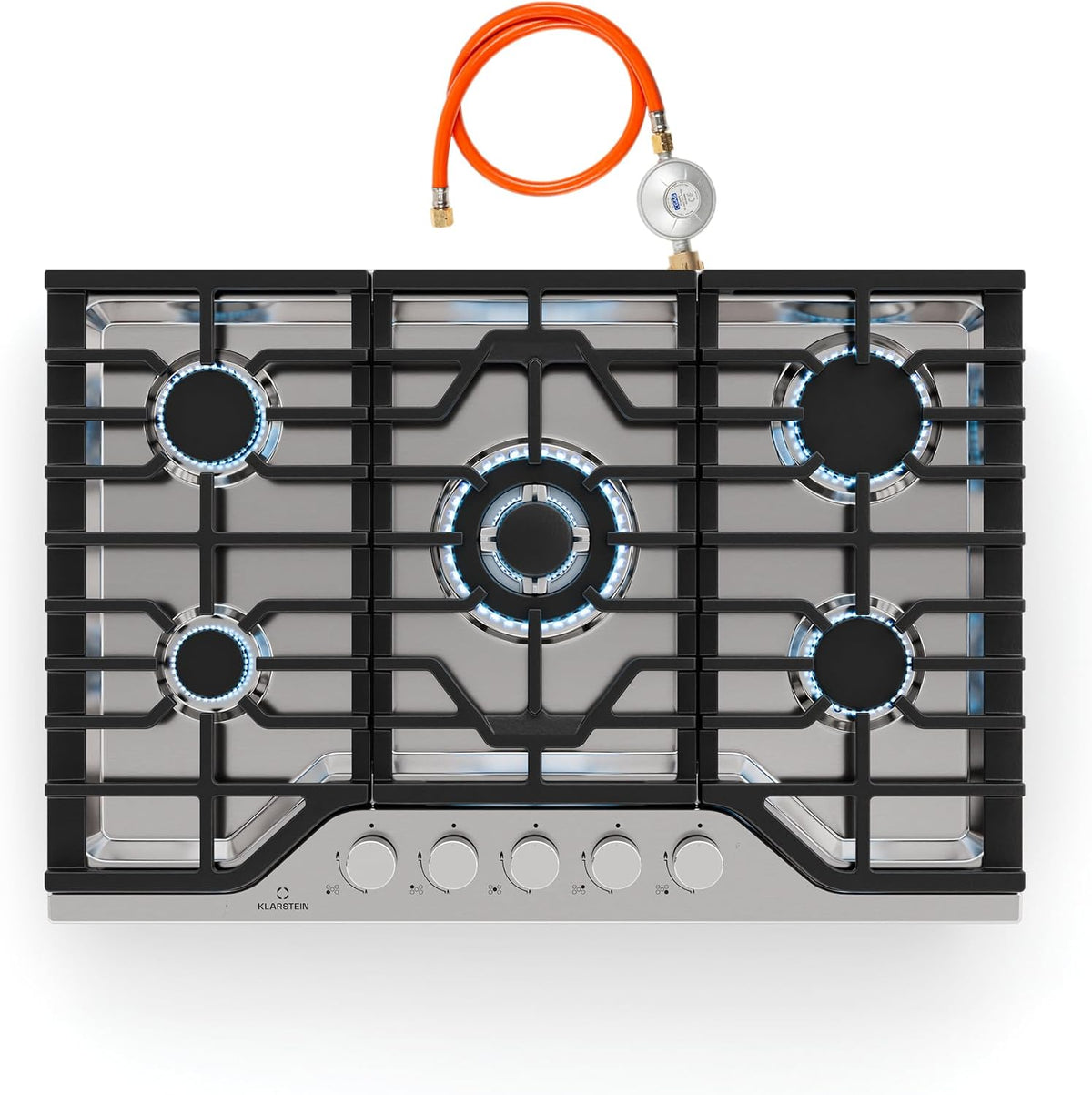 Klarstein Gasherd, 3,4 kW, Silber, Turbocast Gaskochfeld - 5-Brenner Edelstahl 304, Wokbrenner, Gusseiserne Pfannenhalter