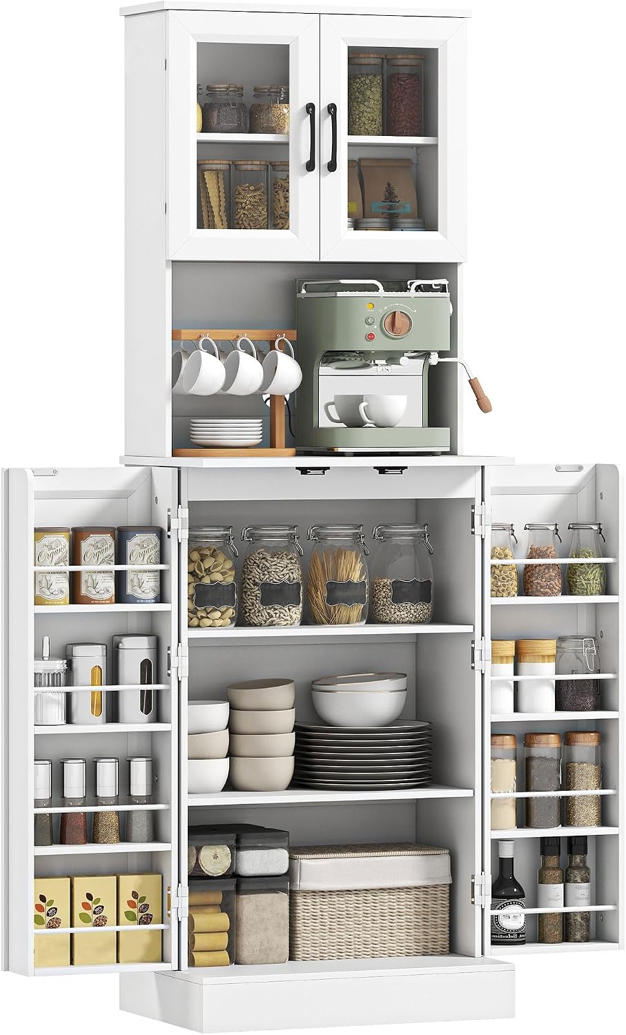 HOMCOM Buffetschrank, 60 x 39,5 x 180 cm, Weiß, Küchenschrank mit 4 Türen Arbeitsplatte