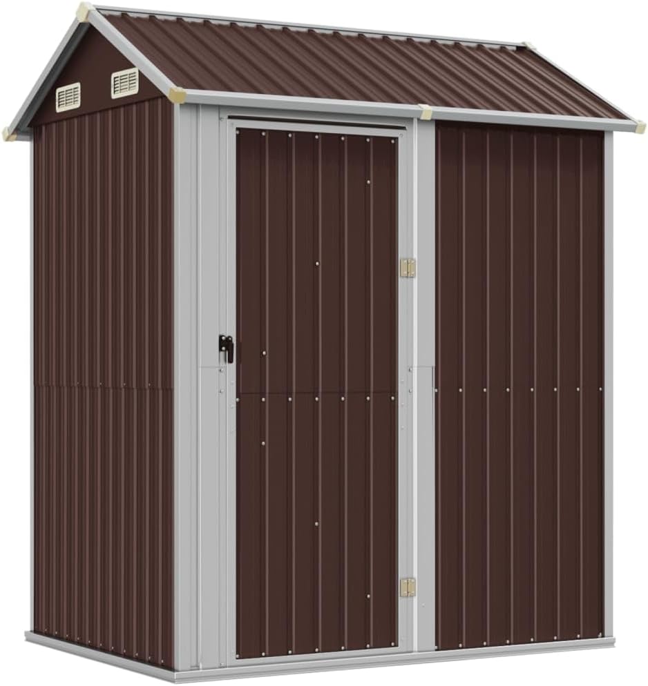 Gerätehaus KOIECETA, 192x152,5x237 cm, Verzinkter Stahl, Braun, Gartenhaus mit Schrägdach Tür Gartenschuppen Schuppen