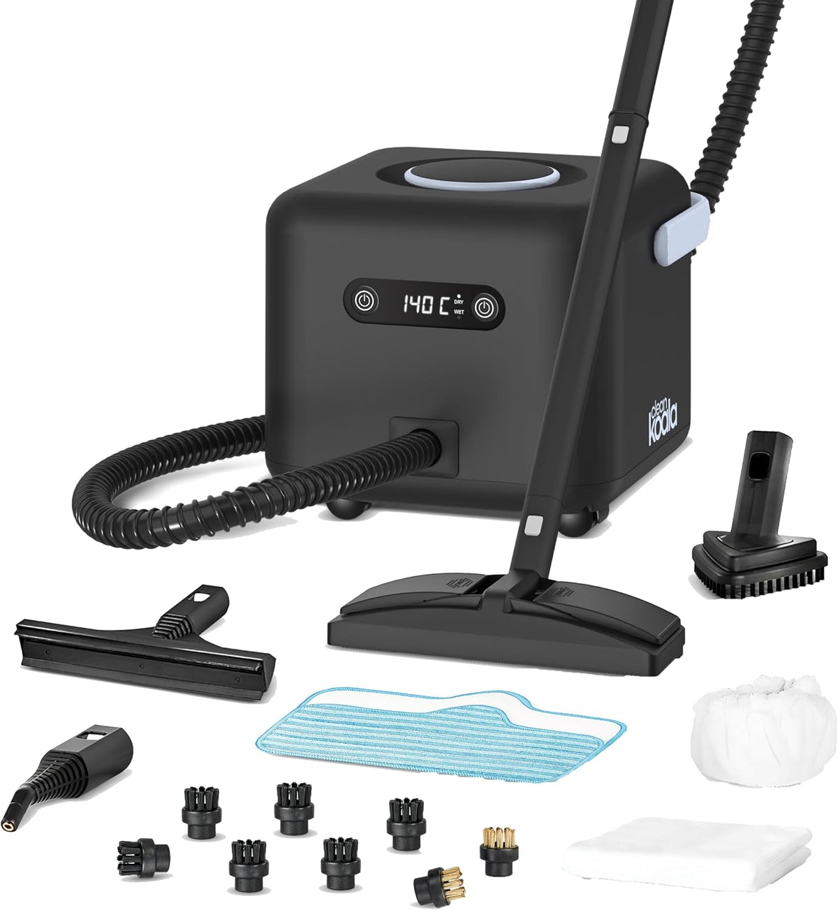 Cleankoala Dampfreiniger, 1500 W, 4 Bar, Schwarz, Multifunktion, Hochdruck Dampf, Schnelle Aufheizung, 21 Zubehörteile