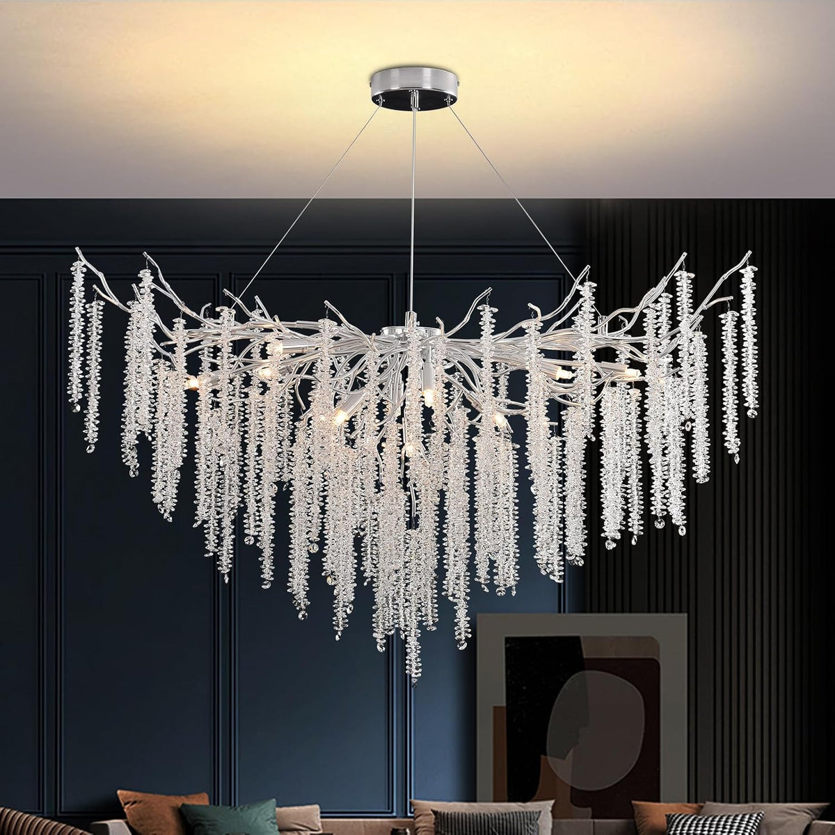 YZBEIMDAI Kronleuchter, Transparent, Luxus Kristall, Modern Zweig Kristall Pendelleuchte, Höhenverstellbar Hängeleuchte für Esszimmer