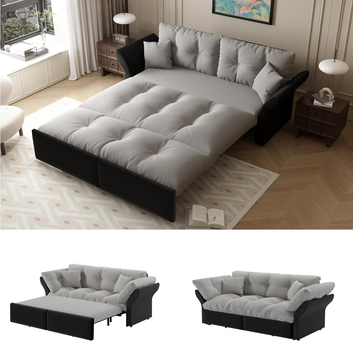 Sofa Dolamaní, 190 cm, Hellgrau/Schwarz, 2-Sitzer breit 3-in-1 Ausziehbares Schlaf mit Tufting und 2, Samt Couch mit Schlaffunktion