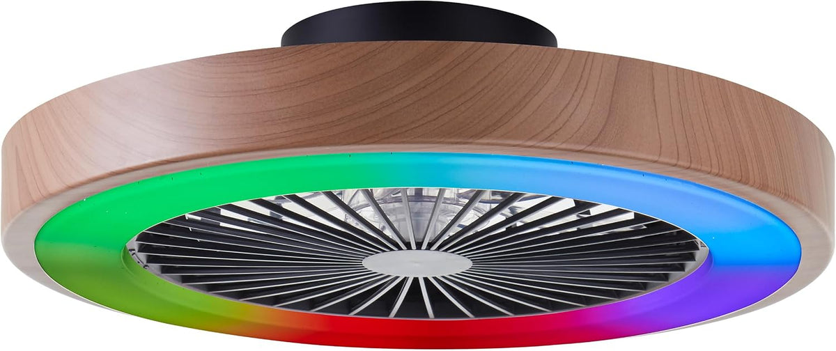 Lightbox Deckenventilator, 49 cm, Braun/Schwarz, LED Deckenlampe mit Ventilator & Rahmen in Holzoptik & RGB