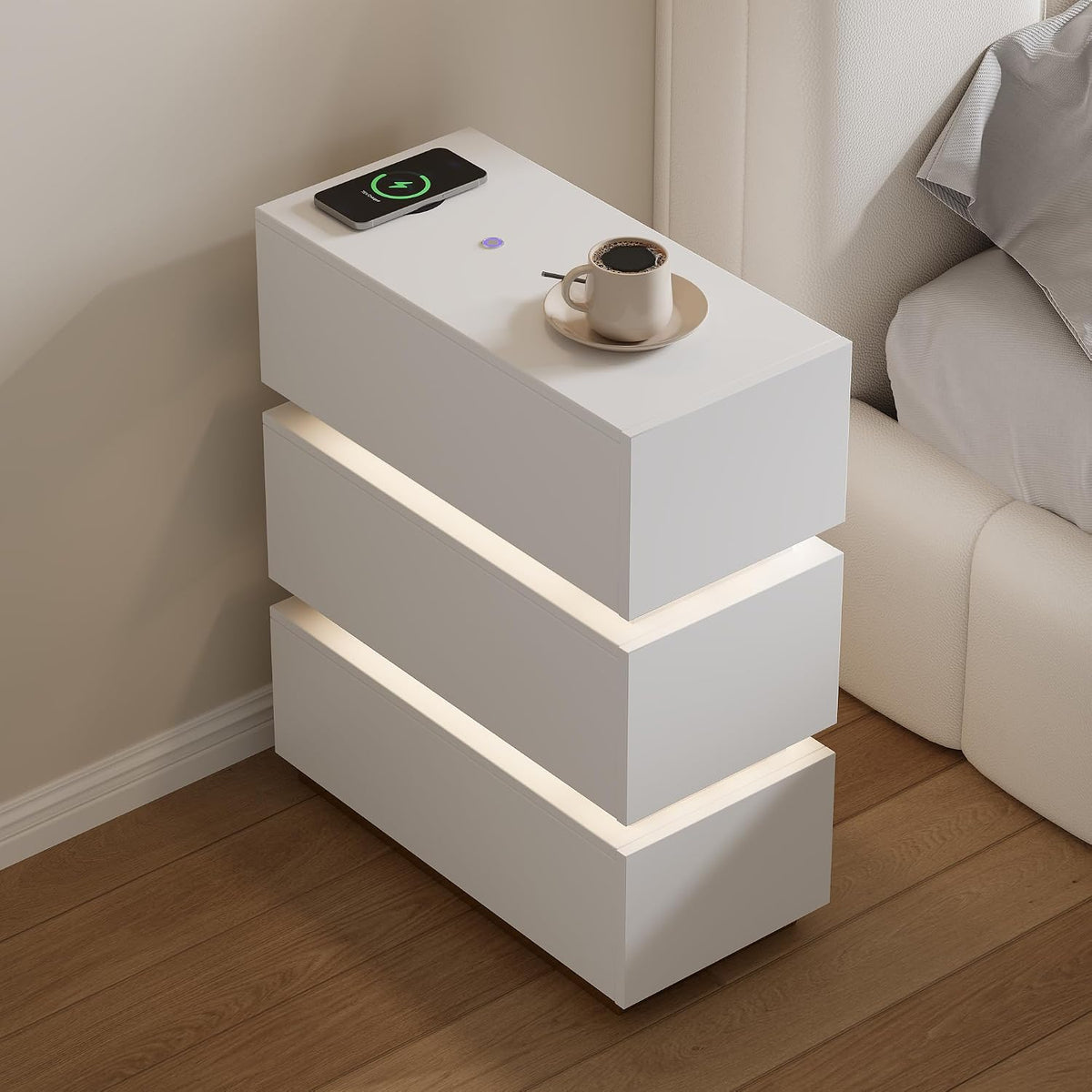 Homary Sideboard, Weiß, Schmaler Smart Nachttisch mit Wireless Charging, USB & Type-C, Moderner LED Nachttisch mit 3 Schubladen