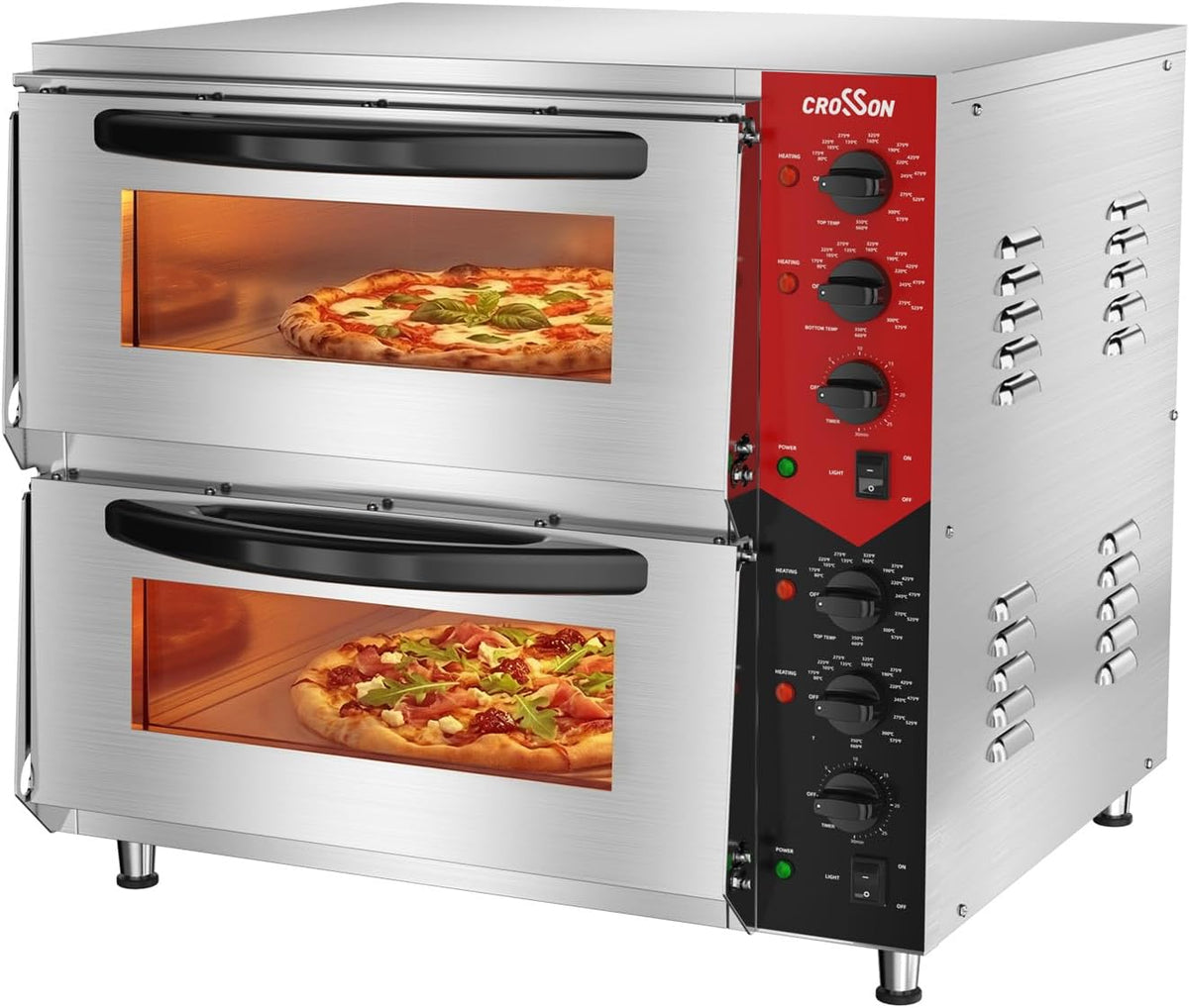 crosson Pizzaofen, 6000 W, 50CM, Silber, Professional Doppel mit 50 * Schamottstein, Elektrischer aus Edelstahl Temperatur bis 350℃