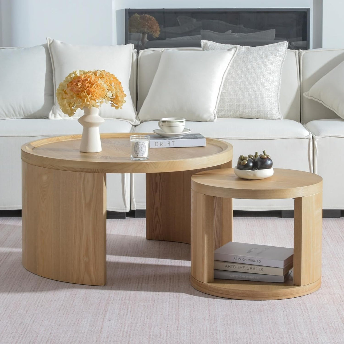 Cagnolier Sofa, 46 cm, Natur, Couchtisch rund 2er Set, erhöhter Rand, Ø80/