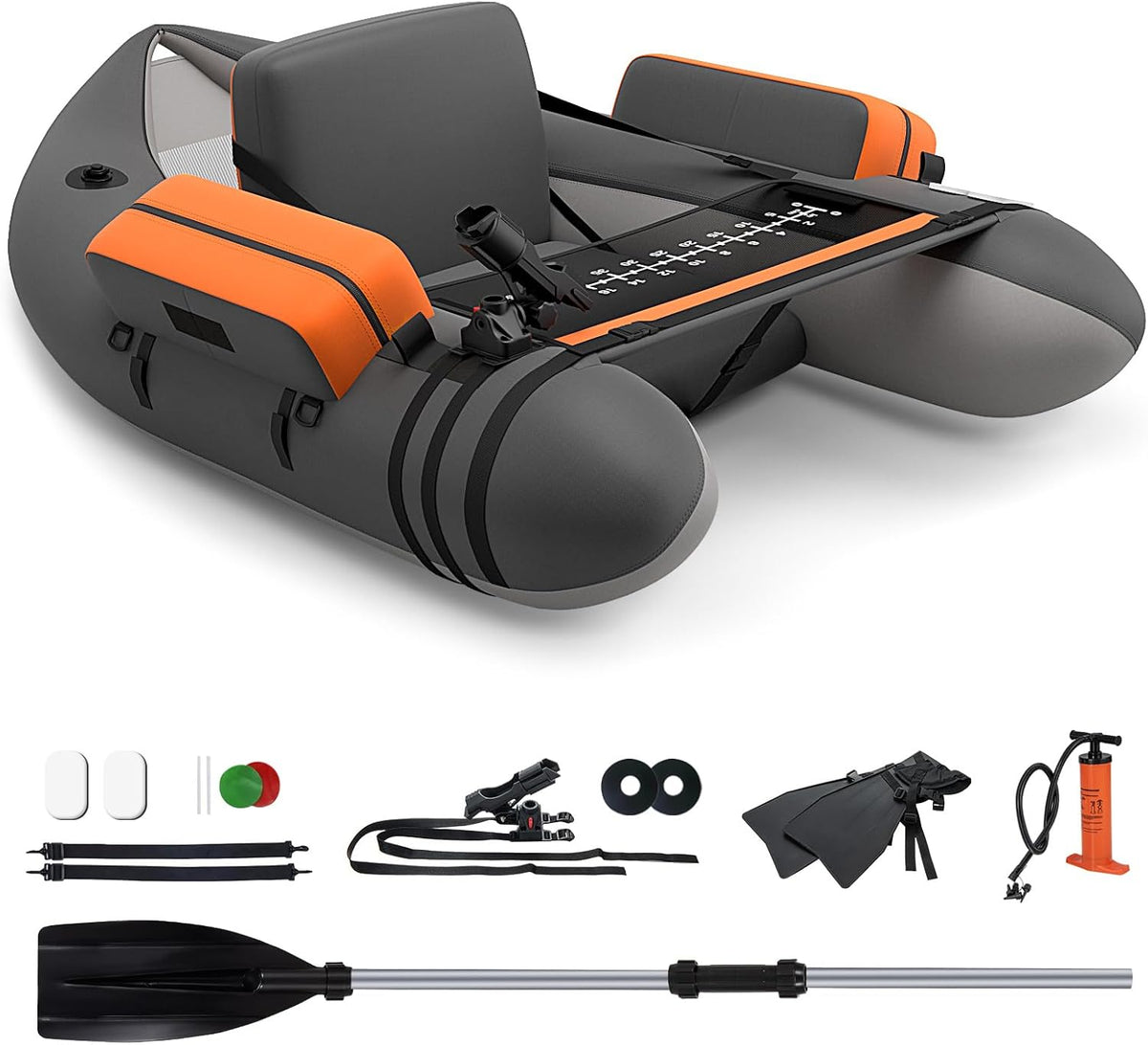 GYMAX Boote, 150 kg, PVC, Polyesterstoff, Grau, Aufblasbares Angelboot, tragbares Belly Boat inkl. Pumpe, Paddel & verstellbaren Schultergurten