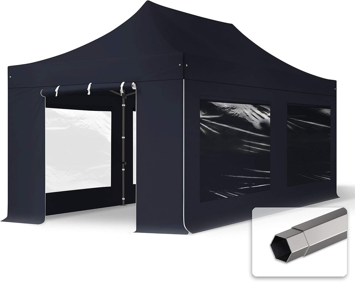 TOOLPORT Pavillon, schwarz, Faltzelt Falt 3x6m - mit 4 Seitenteilen (Panoramafenster)