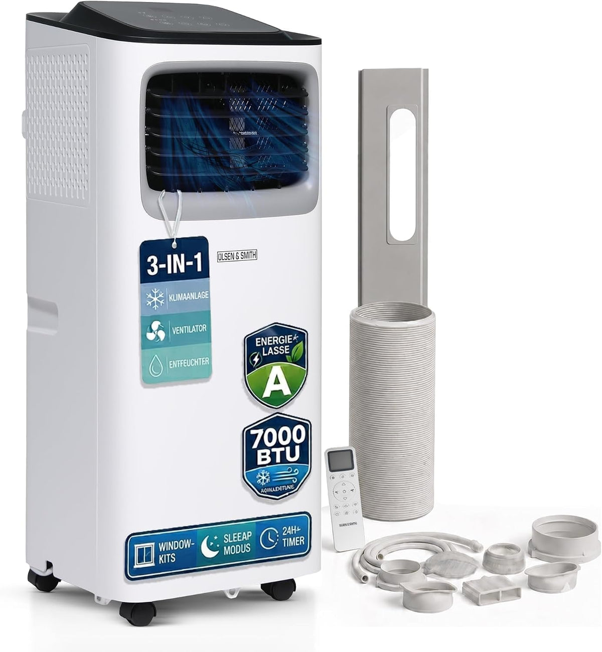 Olsen Mobiles Klimagerät, Weiß, & Smith 7000 BTU Mobile Klimaanlage, 3-in-1 mit Abluftschlauch
