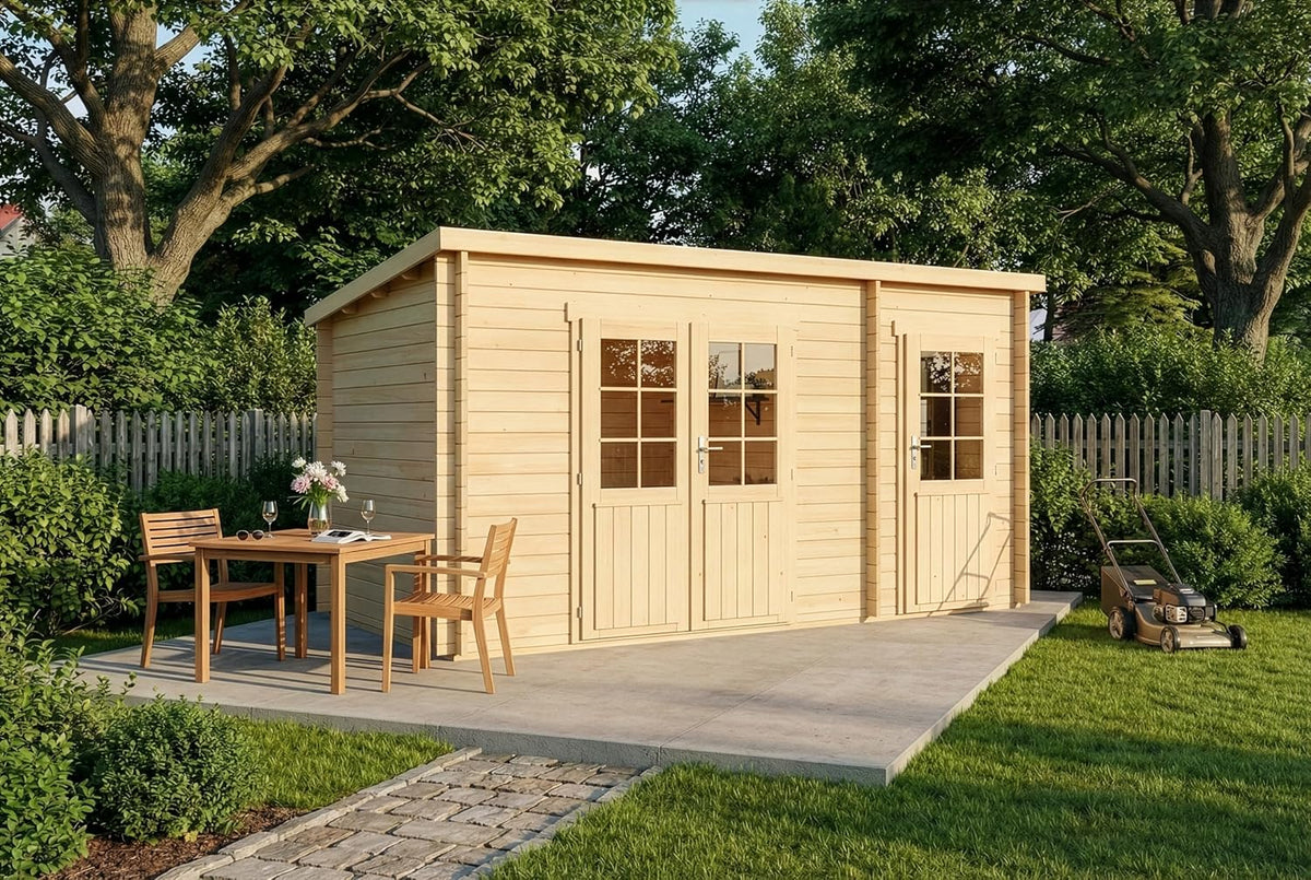 Alpholz Gerätehaus, 450 x 250 cm, 28 mm, Holz, Gartenhaus Maria aus in Naturbelassen, Wandstärke mit 2 Räumen Pultdach