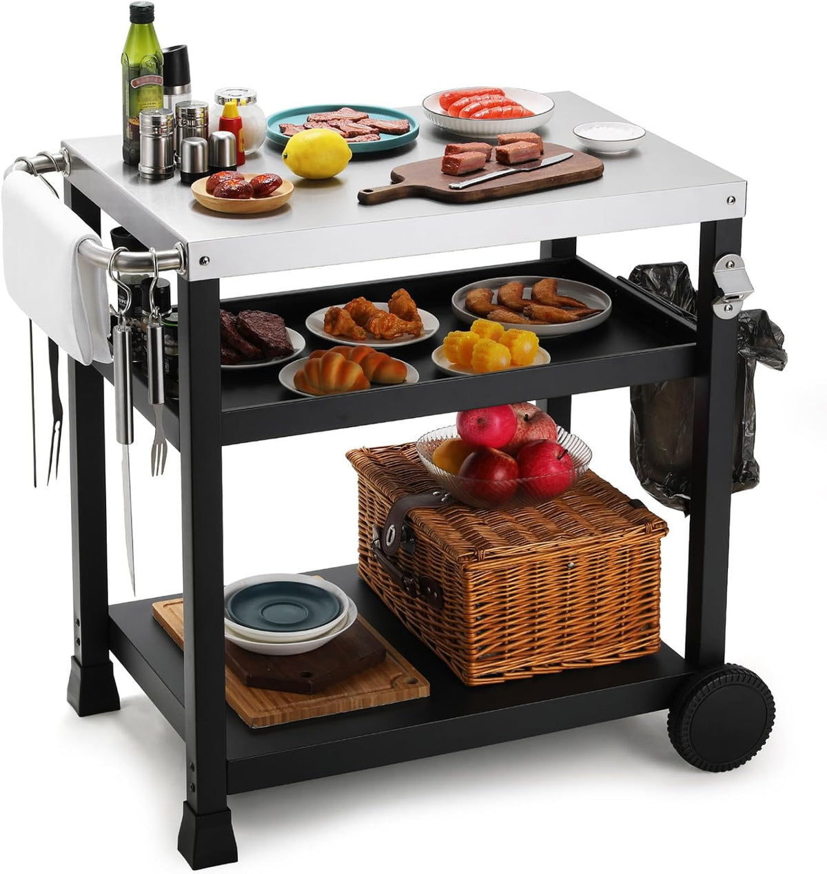 LIFERUN Beistelltisch, Silber/Schwarz, Edelstahl Grillwagen 3 Etagen, Grilltisch Outdoor mit Edelstahl Tischplatte