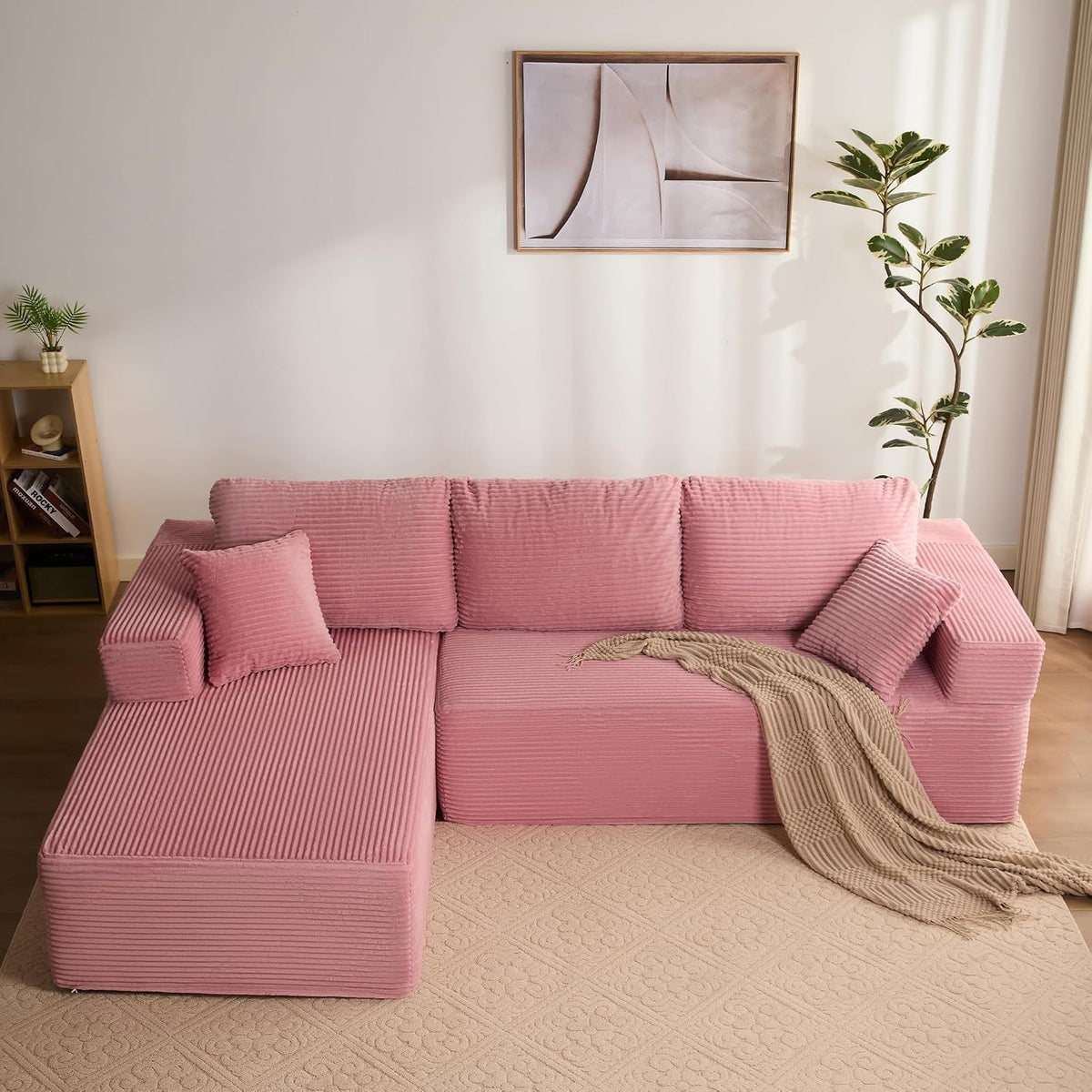 Sofa Litbird, Rosa, Modulares L-förmiges Eck mit Schlaffunktion, rahmenloses Schlaf mit Chaiselongue Links, extra tiefer Sitzfläche