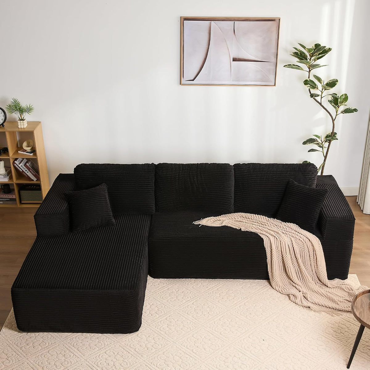 Litbird Sofa, Schwarz, Modulares L-förmiges Eck mit Schlaffunktion, rahmenloses Schlaf mit Chaiselongue Links, extra tiefer Sitzfläche