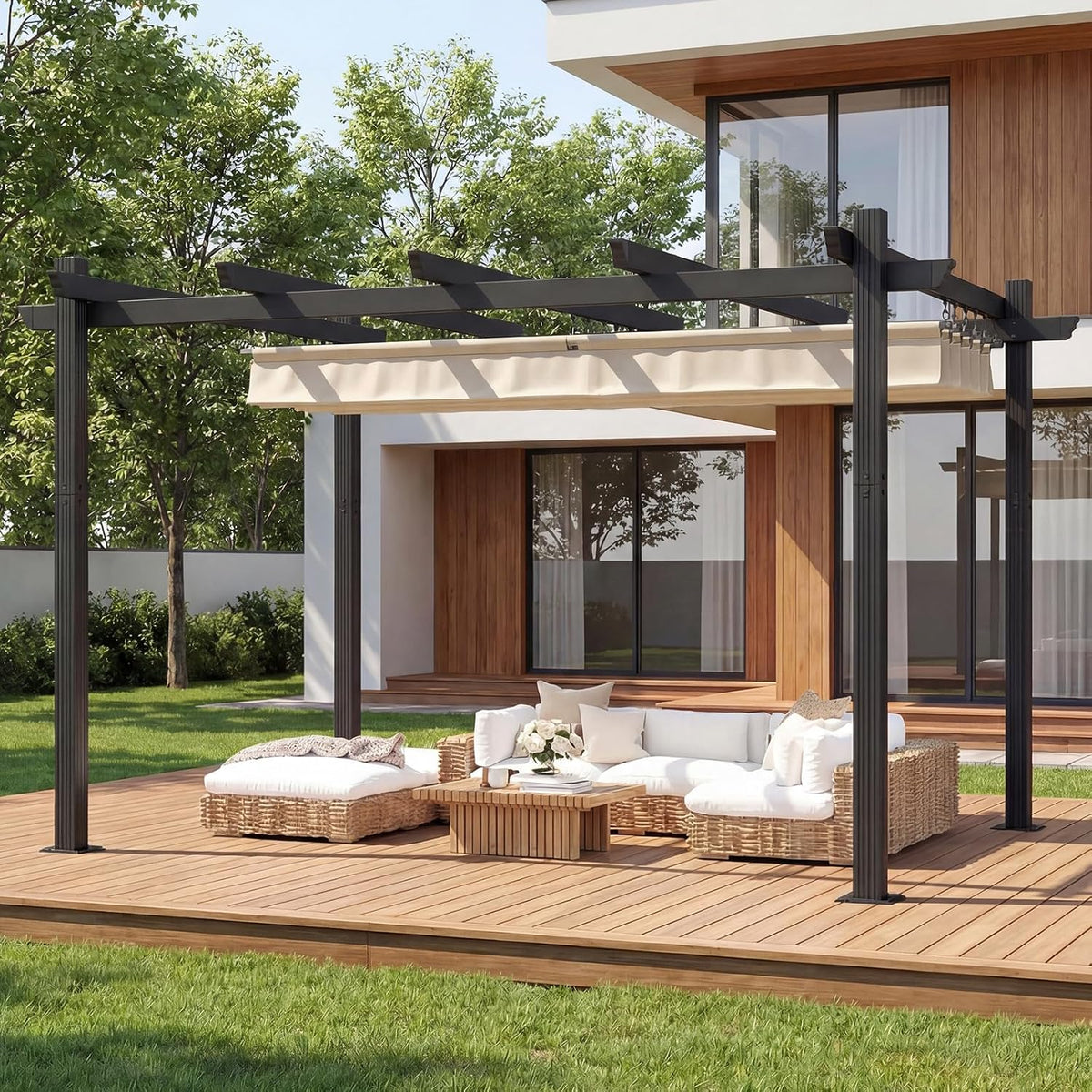 TRIUMPHKEY Pavillon, Beige, Pergola 3x4m wasserdicht stabil Winterfest, Garten Aluminium mit Schiebedach, Sonnenschutz für Garten Terrasse & Balkon